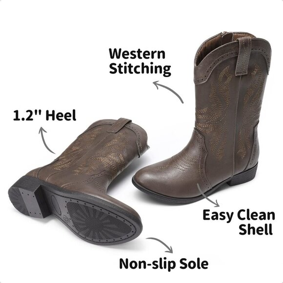 🆕 Women Brown Cowboy Western Boots Mid Calf Riding Shoes - Picture 2 of 6